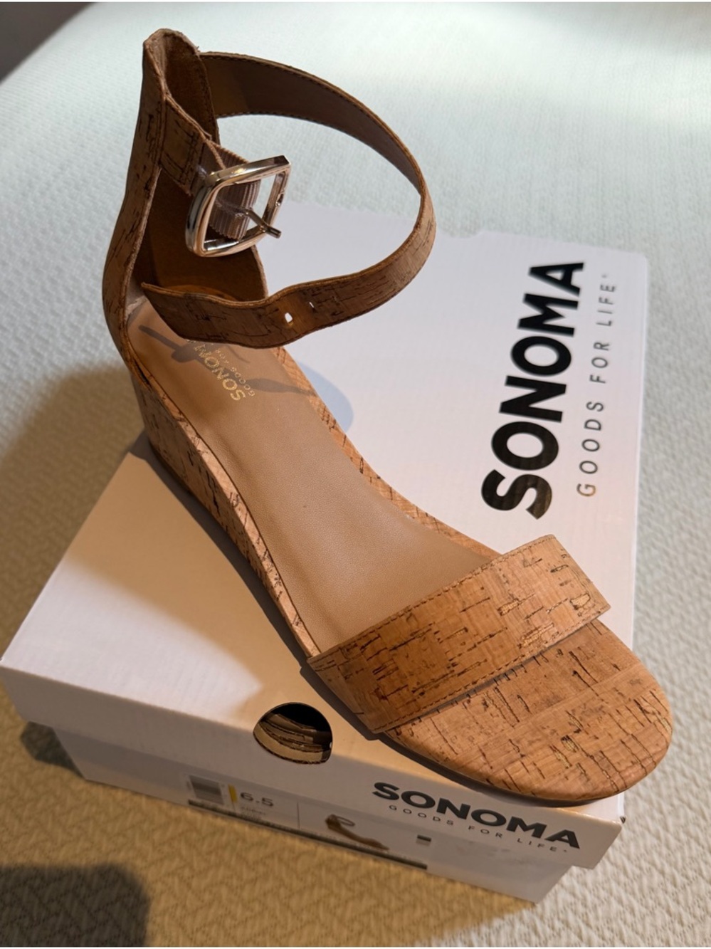 SO Cork-Textured Ankle Strap Wedges - Tan